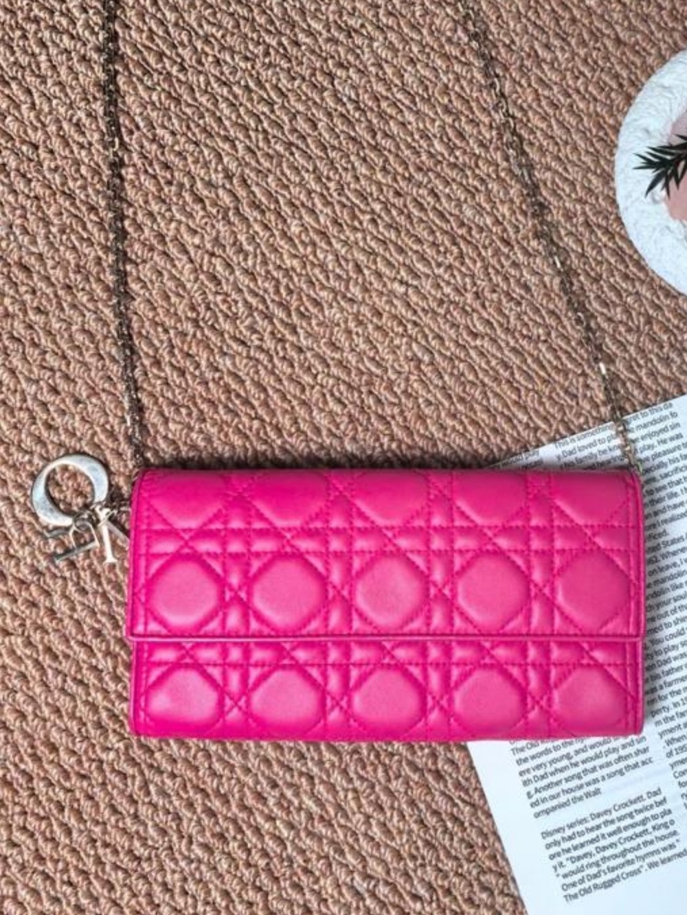 Christian Dior Lady Dior Quilted Cannage Leather Wallet On Chain Pink